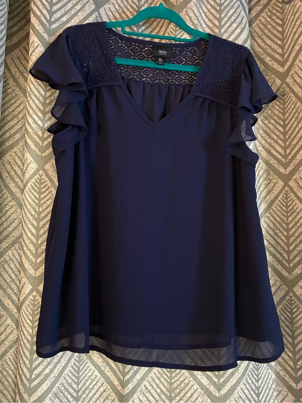 Mossimo Navy Lace Yoke V-Neck Flutter Sleeve Top